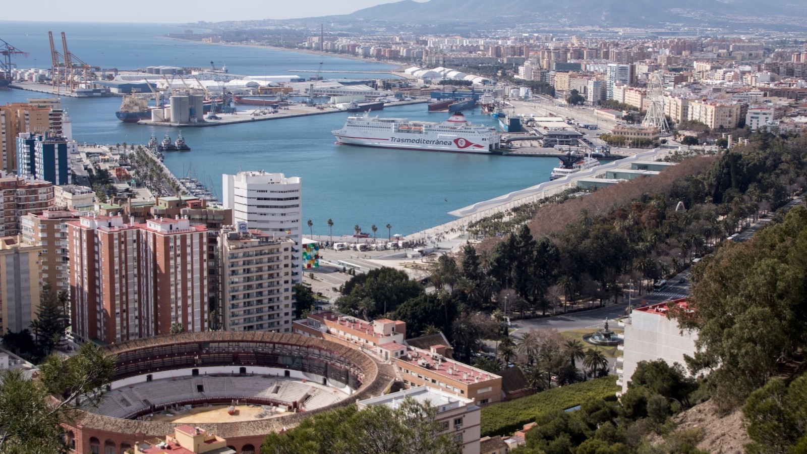Málaga port, the bullring and the city seen from Gibralfaro